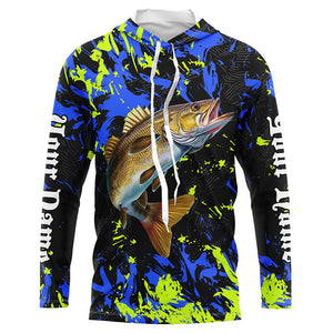 Walleye fishing green blue camo Custom UV protection performance long sleeve fishing shirt jerseys NQS7107