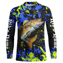 Load image into Gallery viewer, Walleye fishing green blue camo Custom UV protection performance long sleeve fishing shirt jerseys NQS7107