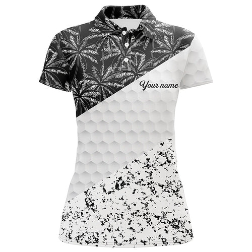 Womens golf polo shirts custom black tropical palm tree white golf shirts, golf apparel for ladies NQS7116