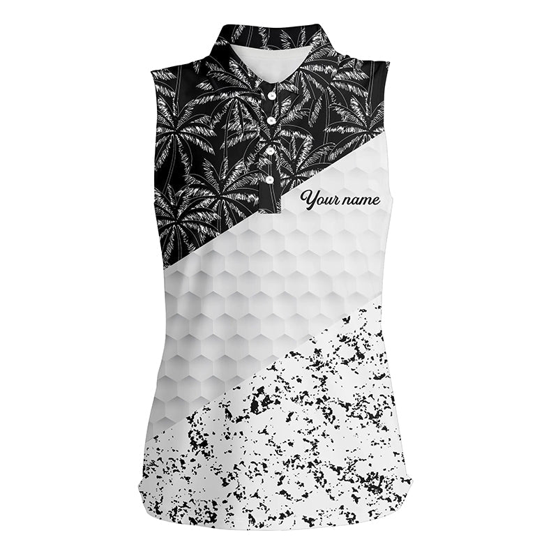 Womens sleeveless polo shirt custom black tropical palm tree white golf shirt, golf apparel for ladies NQS7116