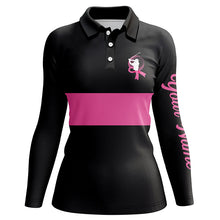 Load image into Gallery viewer, Black and pink Breast Cancer Awareness custom Women golf polo shirt, pink ribbon golf shirts NQS6293