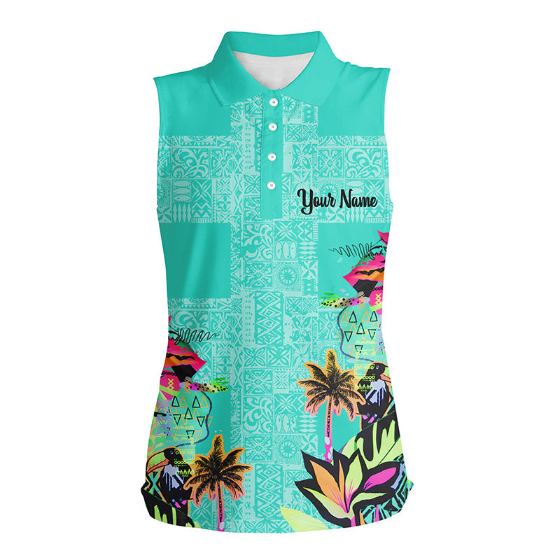 Green tropical Womens sleeveless polo shirt custom green golf tops for womens, personalized golf gifts NQS6295