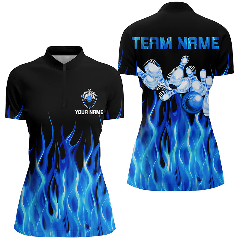 Blue flame Bowling Quarter-Zip Shirt Women black Bowling Jerseys Personalized Bowling Team Shirts NQS6982