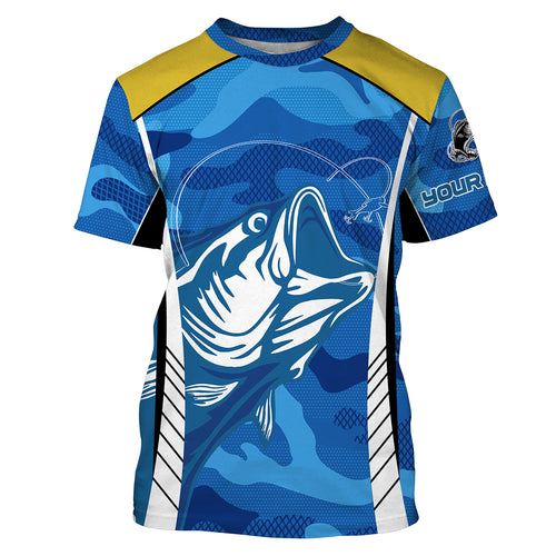 Bass Fishing tattoo blue UV protection  customize name long sleeves fishing shirts NQS2328