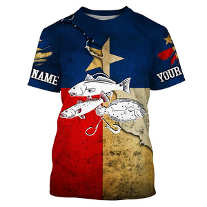 Vintage Texas flag Inshore Grand slam Redfish, trout, flounder Custom name Long Sleeve Fishing Shirts NQS4063