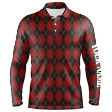 Load image into Gallery viewer, Black and red flat argyle pattern Mens golf polo shirt custom best mens golf wear, golfing gifts NQS6526
