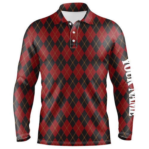 Black and red flat argyle pattern Mens golf polo shirt custom best mens golf wear, golfing gifts NQS6526