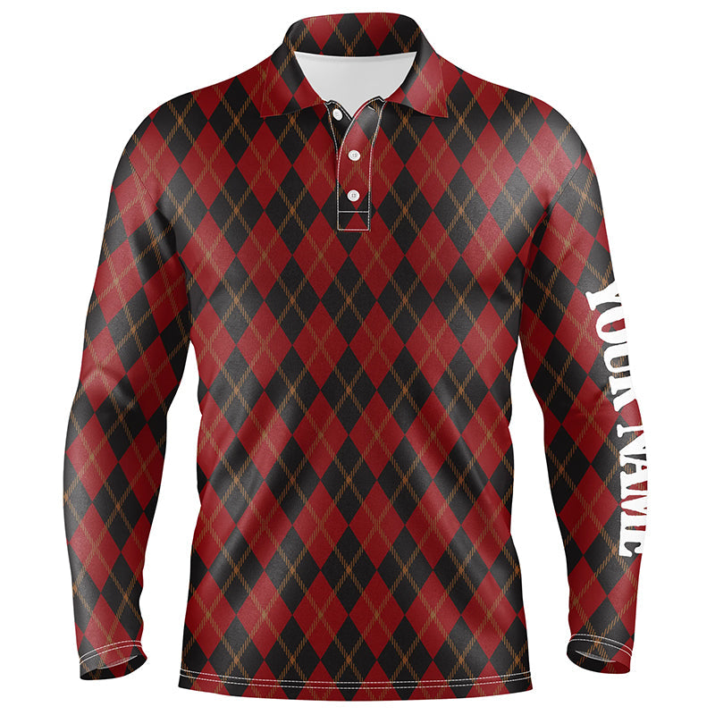 Black and red flat argyle pattern Mens golf polo shirt custom best mens golf wear, golfing gifts NQS6526