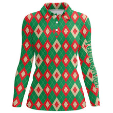 Load image into Gallery viewer, Green and red Christmas argyle pattern Womens golf polo shirts custom womens golf wear, golfing gifts NQS6528