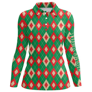 Green and red Christmas argyle pattern Womens golf polo shirts custom womens golf wear, golfing gifts NQS6528