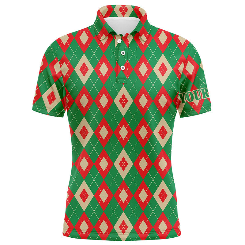 Green and red Christmas argyle pattern Mens golf polo shirt custom best mens golf wear, golfing gifts NQS6528