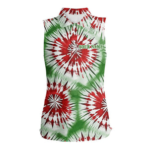 Green, red and white Christmas tie dye pattern Womens sleeveless polos custom golf tops for ladies NQS6529