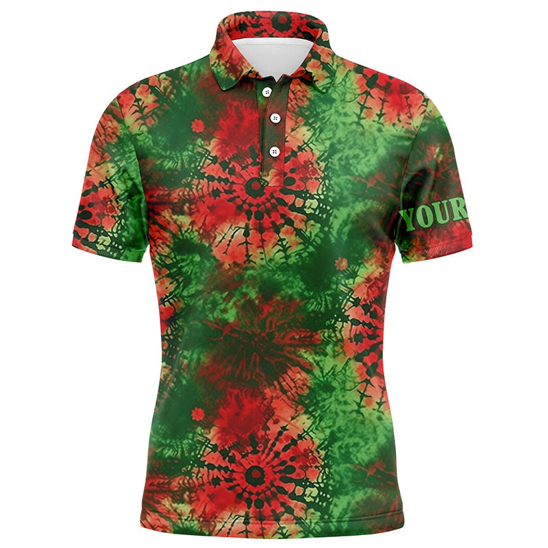 Green and red Christmas tie dye pattern Mens golf polo shirt custom golf tops mens, golfing gifts NQS6530