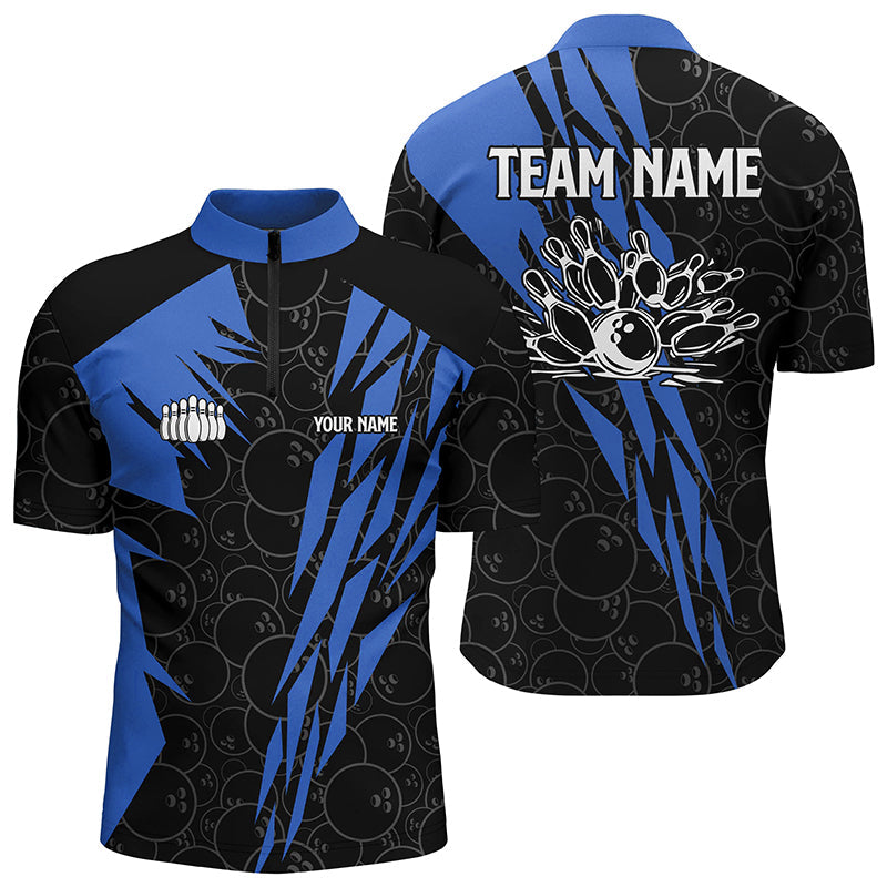 Black bowling camo Men's bowling Quarter Zip shirts Custom bowling strike team league jerseys | Blue NQS6771