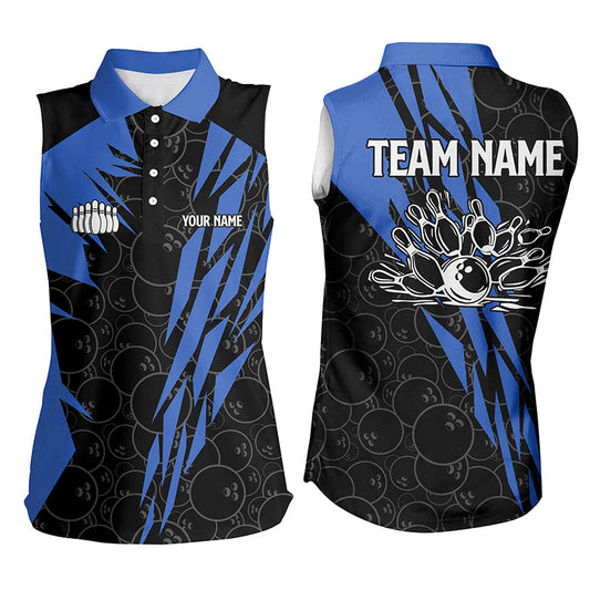 Black bowling camo Women sleeveless polo shirts Custom bowling strike team league jersey | Blue NQS6771