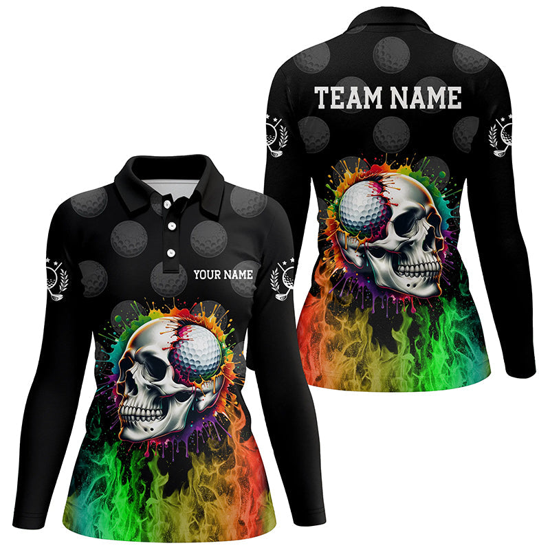 Personalized Womens golf polos shirt custom rainbow flame skull fire black ladies golf apparel NQS7125