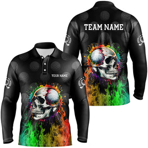 Personalized Mens golf polos shirts custom rainbow flame skull fire black golf apparel for men NQS7125