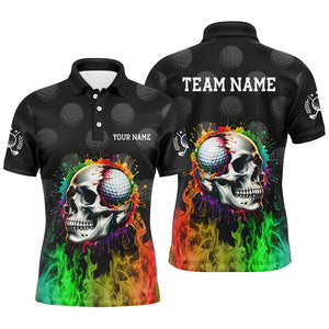 Personalized Mens golf polos shirts custom rainbow flame skull fire black golf apparel for men NQS7125