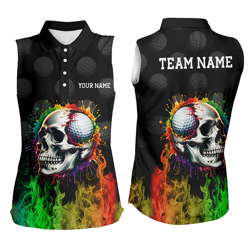 Personalized Womens sleeveless golf polos shirts custom rainbow flame skull fire ladies golf apparel NQS7125