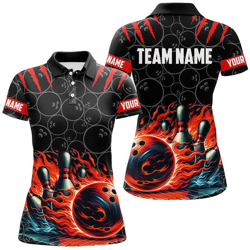 Women bowling polo shirts Custom black red flame bowling shirt, Bowling Team Jerseys gift for bowlers NQS7126