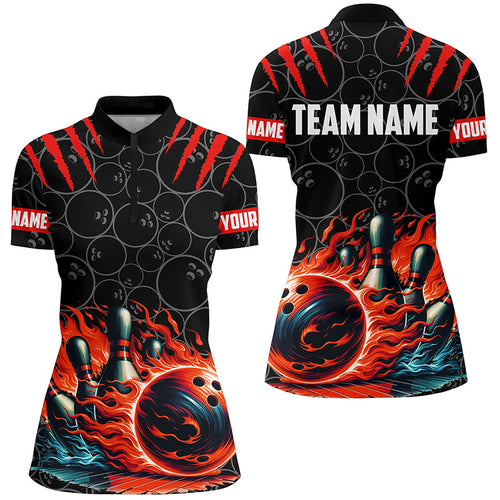 Womens Quarter Zip shirts Custom black red flame bowling shirt, Bowling team Jerseys gift for bowlers NQS7126