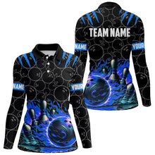 Load image into Gallery viewer, Women bowling polo shirts Custom black blue flame bowling shirt, Bowling Team Jerseys gift for bowlers NQS7127