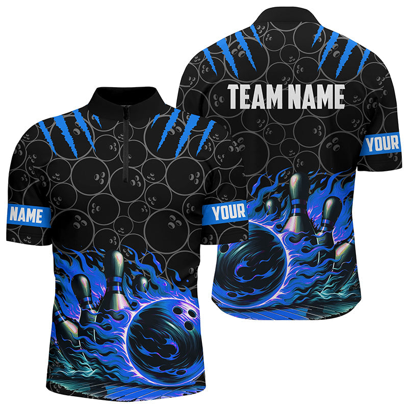 Men bowling Quarter Zip shirts Custom black blue flame bowling shirt, Bowling Jerseys gift for bowlers NQS7127