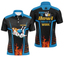 Load image into Gallery viewer, Men&#39;s bowling polo shirts custom name born to bowl forced to work, flame bowlers jersey | Blue NQS4848