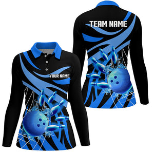 Blue flame bowling polo shirts for women Custom Team bowling jerseys for girl, gift for bowlers NQS7243