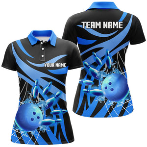 Blue flame bowling polo shirts for women Custom Team bowling jerseys for girl, gift for bowlers NQS7243