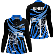 Load image into Gallery viewer, Womens golf polo shirt custom black and blue disc golf basket, personalized disc golf shirts NQS7244