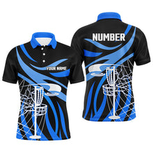 Load image into Gallery viewer, Mens disc golf polo shirt custom name black and blue disc golf basket, personalized disc golf shirts NQS7244