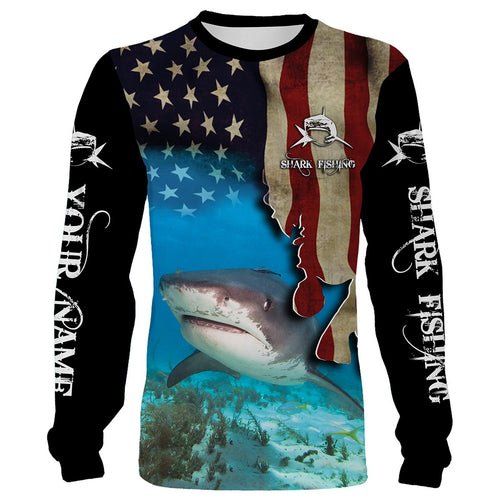 Shark Fishing 3D American Flag Patriotic Customize name All over print shirts NQS542