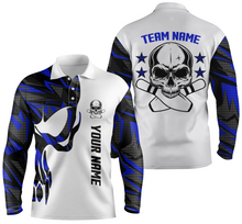Load image into Gallery viewer, Blue and white Bowling polo shirts for men custom name and team name Skull Bowling, team bowling shirt NQS4699