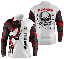 Load image into Gallery viewer, Red and white Bowling polo shirts for men custom name and team name Skull Bowling, bowling team shirts NQS4699