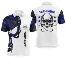 Load image into Gallery viewer, Blue and white Bowling polo shirts for men custom name and team name Skull Bowling, team bowling shirt NQS4699