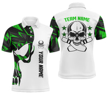 Load image into Gallery viewer, Green and white Bowling polo shirts for men custom name, team name Skull Bowling, team bowling shirt NQS4699