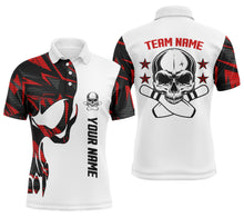 Load image into Gallery viewer, Red and white Bowling polo shirts for men custom name and team name Skull Bowling, bowling team shirts NQS4699