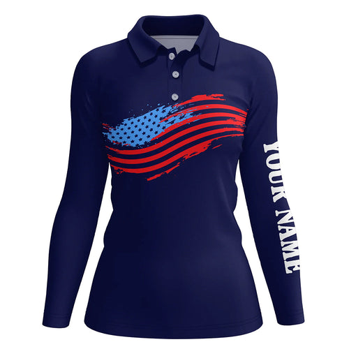 Womens golf polos shirts custom American flag patriot golf apparel, coolest ladies polo shirts | Navy NQS7146