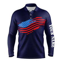 Load image into Gallery viewer, Mens golf polos shirts custom American flag patriot golf apparel, coolest mens polo shirts | Navy NQS7146