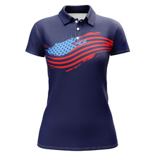 Load image into Gallery viewer, Womens golf polos shirts custom American flag patriot golf apparel, coolest ladies polo shirts | Navy NQS7146