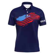 Load image into Gallery viewer, Mens golf polos shirts custom American flag patriot golf apparel, coolest mens polo shirts | Navy NQS7146