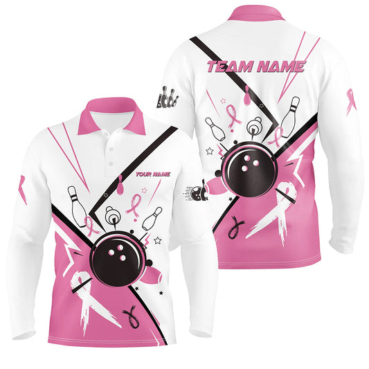 Pink ribbon breast cancer awareness bowling jerseys Custom Team Bowling Polo Shirt for men | White NQS7245