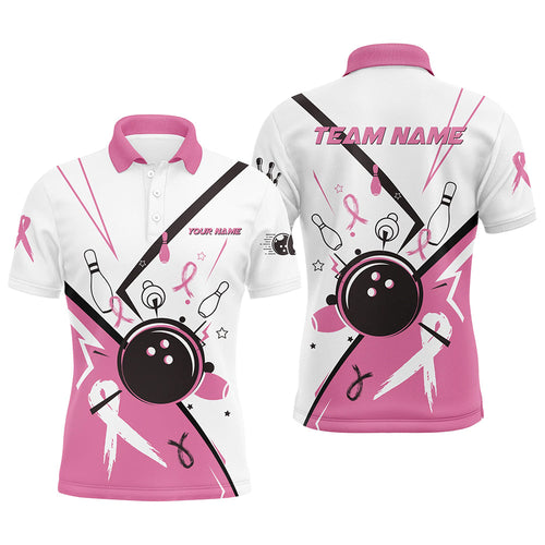 Pink ribbon breast cancer awareness bowling jerseys Custom Team Bowling Polo Shirt for men | White NQS7245