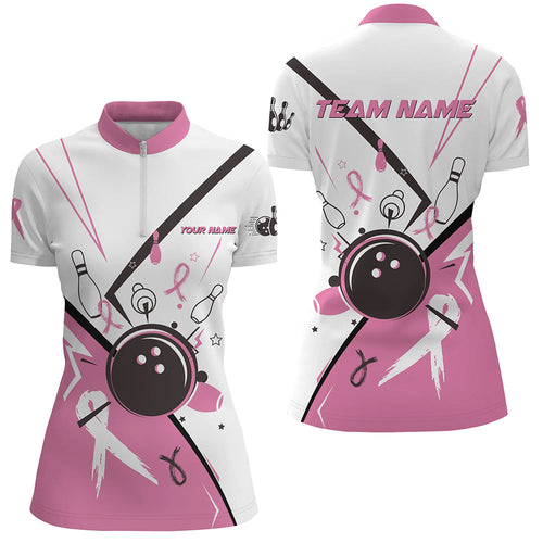 Pink ribbon breast cancer awareness bowling jerseys Custom Team Quarter Zip Shirts For Women | White NQS7245
