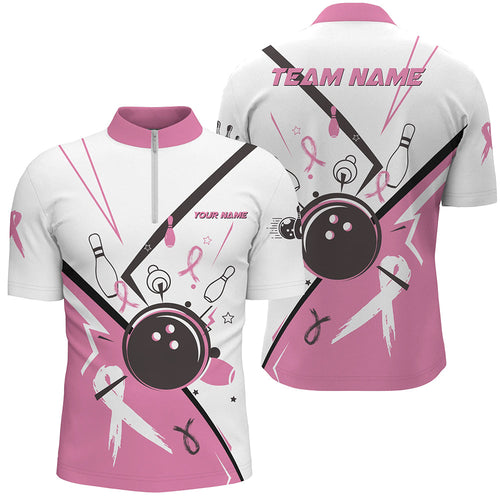 Pink ribbon breast cancer awareness bowling jerseys Custom Team Quarter Zip Shirts For Men | White NQS7245