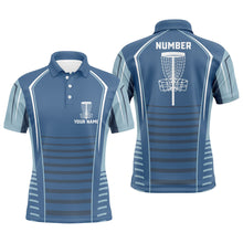 Load image into Gallery viewer, Mens disc golf polo shirts custom blue pattern disc golf basket, personalized disc golf outfit NQS7249