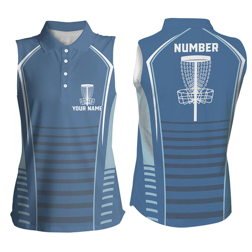 Women sleeveless golf polo shirts custom blue pattern disc golf basket, personalized disc golf outfit NQS7249