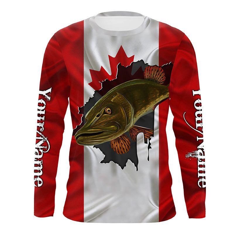 Northern Pike fishing Canadian flag patriot UV protection Customize name long sleeves fishing shirts NQS4500