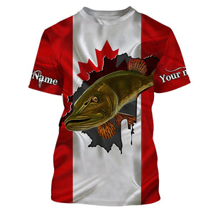 Northern Pike fishing Canadian flag patriot UV protection Customize name long sleeves fishing shirts NQS4500